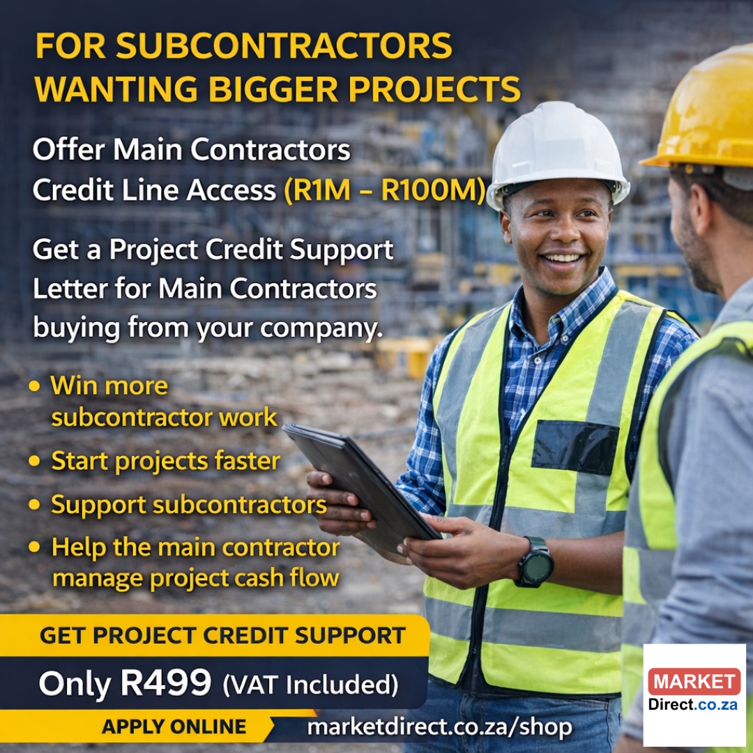 Subcontractor presenting a project credit support letter to secure a larger contract in South Africa